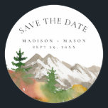 Watercolor Fall Mountain Save the Date  Classic Round Sticker<br><div class="desc">Fall Watercolor Mountains Save the Date Classic Round Sticker</div>