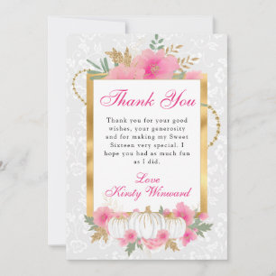 Watercolor Fall Pink Gold Floral Pumpkin Sweet 16 Thank You Card