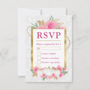 Watercolor Fall Pink & Gold Floral Pumpkin Wedding RSVP Card