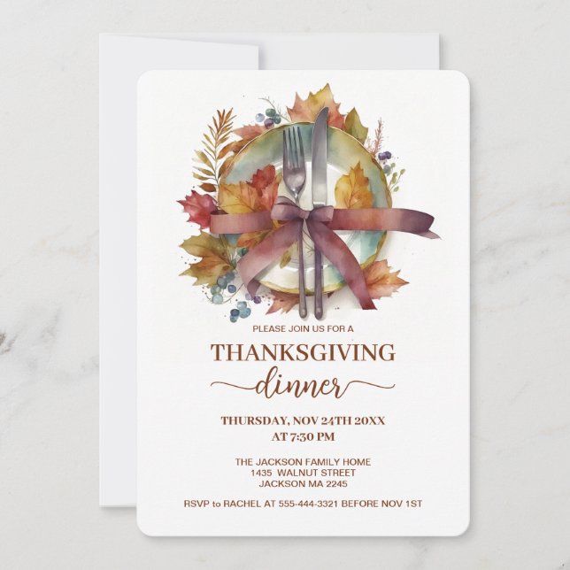 Watercolor Fall Plate Cutlery Thanksgiving Dinner Invitation (Front)