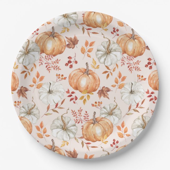 Watercolor Fall Pmpkins Rustic Farmhouse Paper Plate (Front)