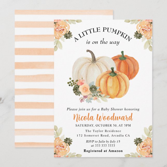 Watercolor Fall Pumpkin and Cactus Baby Shower Invitation (Front/Back)