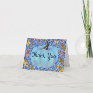 Watercolor Fall Pumpkin Blue Glitter Thank You Card