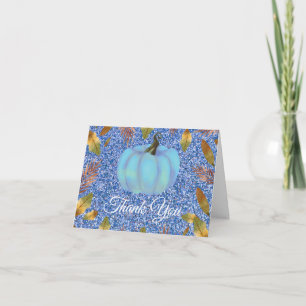 Watercolor Fall Pumpkin Blue Glitter Thank You Card
