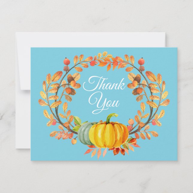 Watercolor Fall Pumpkin Blue Thank You card (Front)