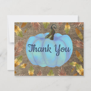 Watercolor Fall Pumpkin Burlap Blue Thank You card