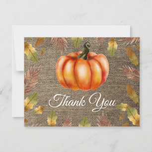 Watercolor Fall Pumpkin Burlap Orange Thank You Card