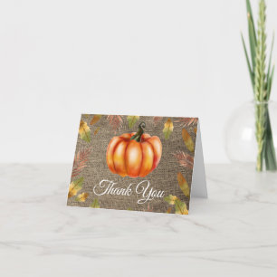 Watercolor Fall Pumpkin Burlap Orange Thank You Card