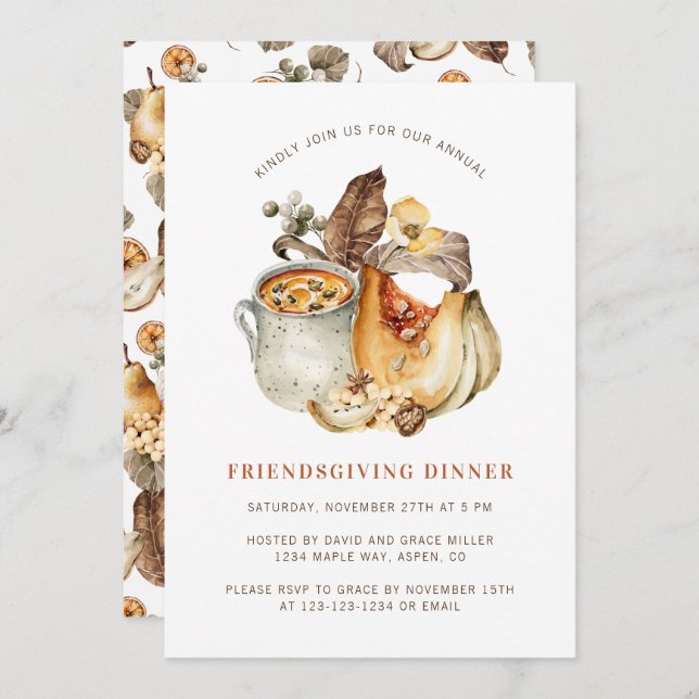 Watercolor Fall Pumpkin Food Thanksgiving Dinner Invitation (Front/Back)