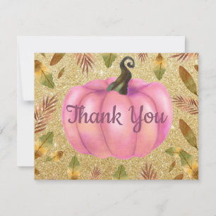 Watercolor Fall Pumpkin Gold Glitter Pink Thank You Card
