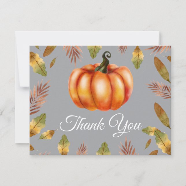 Watercolor Fall Pumpkin Grey Thank You card (Front)