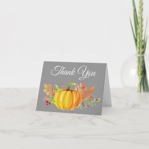 Watercolor Fall Pumpkin Grey Thank You card