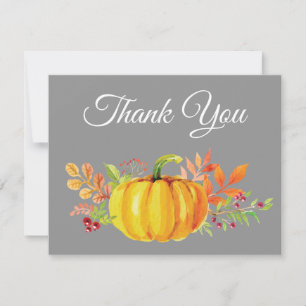 Watercolor Fall Pumpkin Grey Thank You card