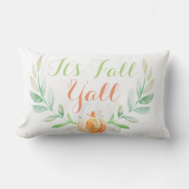 Watercolor Fall Pumpkin & Laurels It's Fall Ya'll Lumbar Cushion (Front)