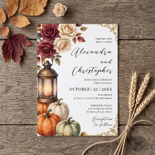 Watercolor Fall Pumpkin Rose Lantern Wedding Invitation