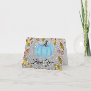 Watercolor Fall Pumpkin Silver Glitter Blue Thank You Card