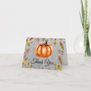 Watercolor Fall Pumpkin Silver Glitter Orange Thank You Card