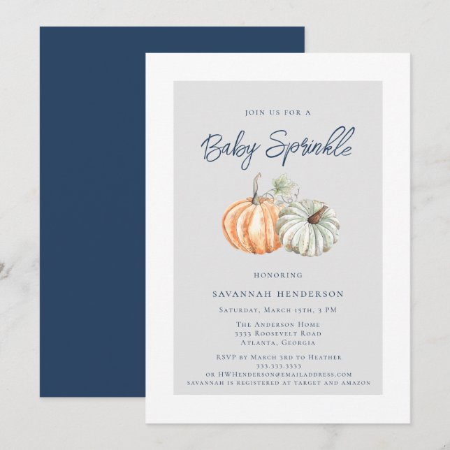 Watercolor Fall Pumpkin Sprinkle Baby Shower Invitation (Front/Back)