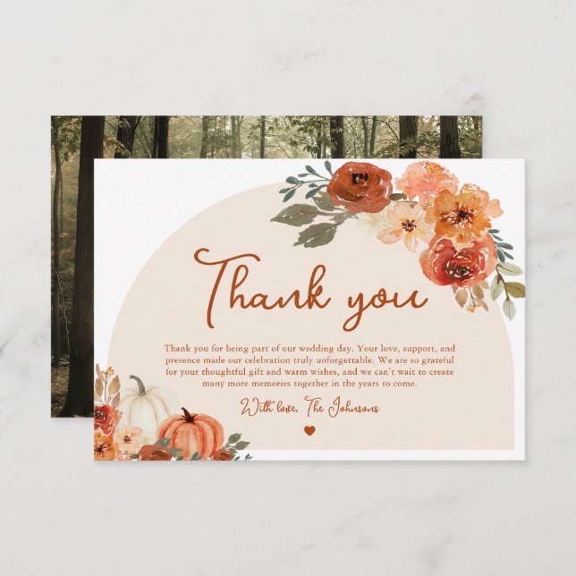 Watercolor Fall Pumpkin Wedding Thank you Card (Front/Back)