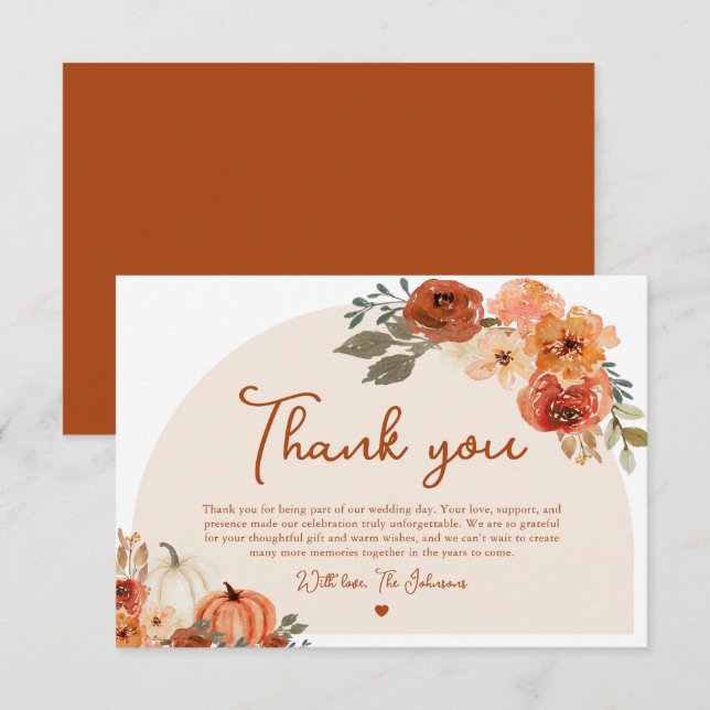 Watercolor Fall Pumpkin Wedding Thank you Card (Front/Back)