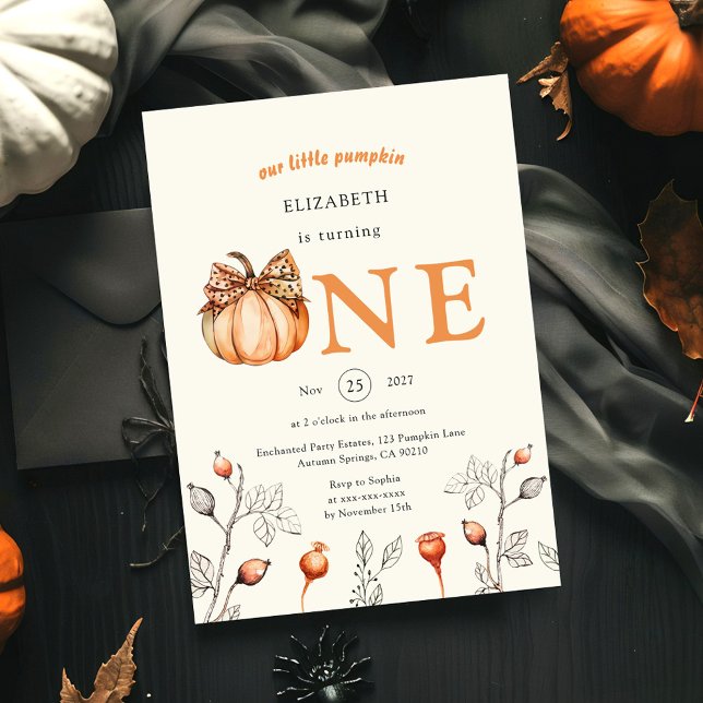 Watercolor Fall Pumpkin Wildflower 1st Birthday Invitation (Creator Uploaded)