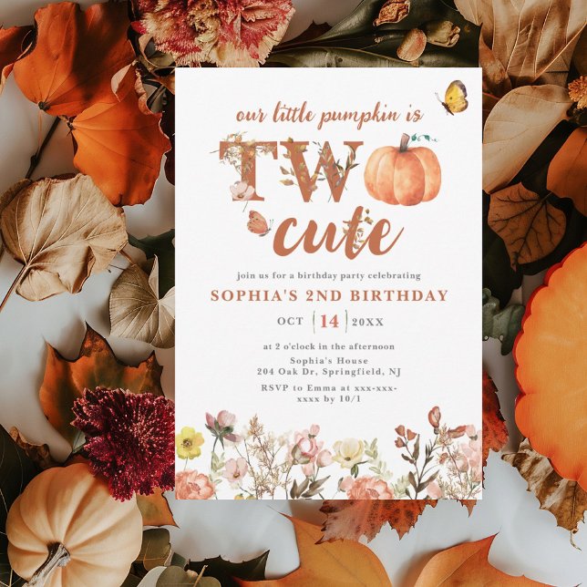 Watercolor Fall Pumpkin Wildflower 2nd Birthday Invitation (Creator Uploaded)