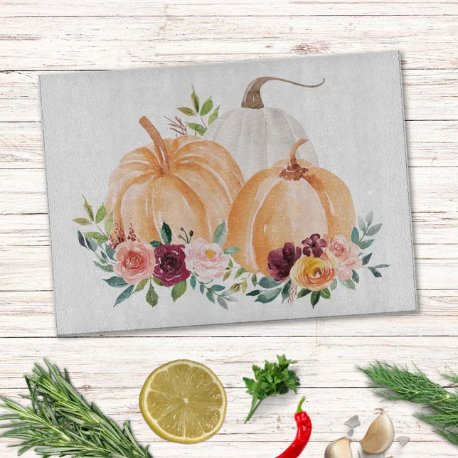 Watercolor Fall Pumpkins and Boho Flowers Cutting Board (In situ )