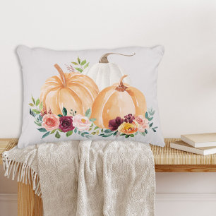Watercolor Fall Pumpkins and Boho Flowers Decorative Cushion