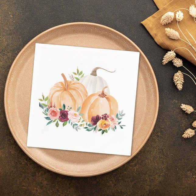 Watercolor Fall Pumpkins and Boho Flowers Napkin (In situ)