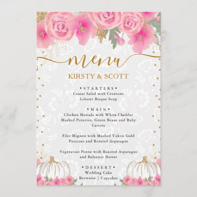 Watercolor Fall Pumpkins and Pink Flowers Wedding  Menu (Front)
