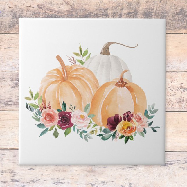 Watercolor Fall Pumpkins Boho Flowers Tile (Close up on wood)