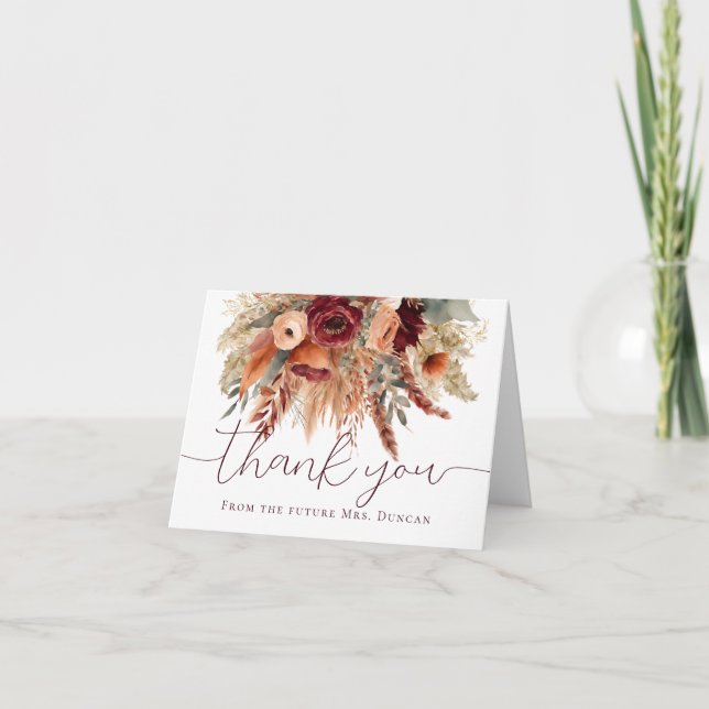 Watercolor Fall Terracotta Flowers Pampas Grass Thank You Card (Front)