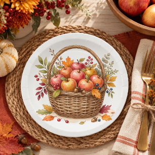 Watercolor Fall Thanksgiving Apple Basket Paper Plate