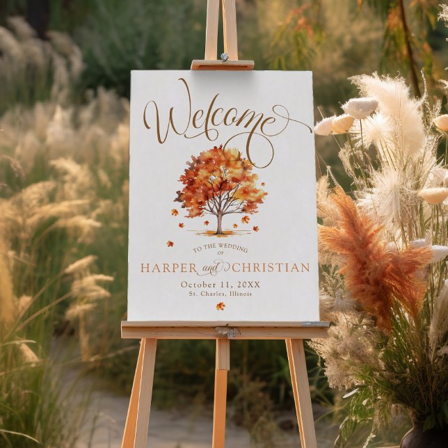 Watercolor Fall Tree Calligraphy Wedding Welcome Poster (Elegant burnt orange brown white Fall leaves tree Autumn wedding calligraphy welcome poster sign)