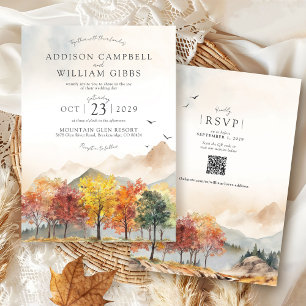 Watercolor Fall Trees Mountain Autumn Boho Wedding Invitation