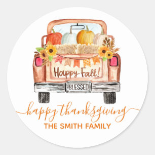 Watercolor Fall Vintage Truck Thanksgiving Classic Round Sticker