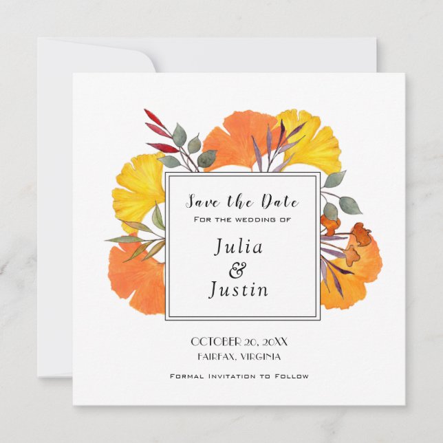 Watercolor Fall Wedding Save the Date square Invitation (Front)