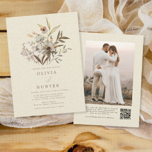 Watercolor Fall Wildflowers Faux Linen Wedding Invitation