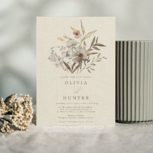 Watercolor Fall Wildflowers Faux Linen Wedding Invitation