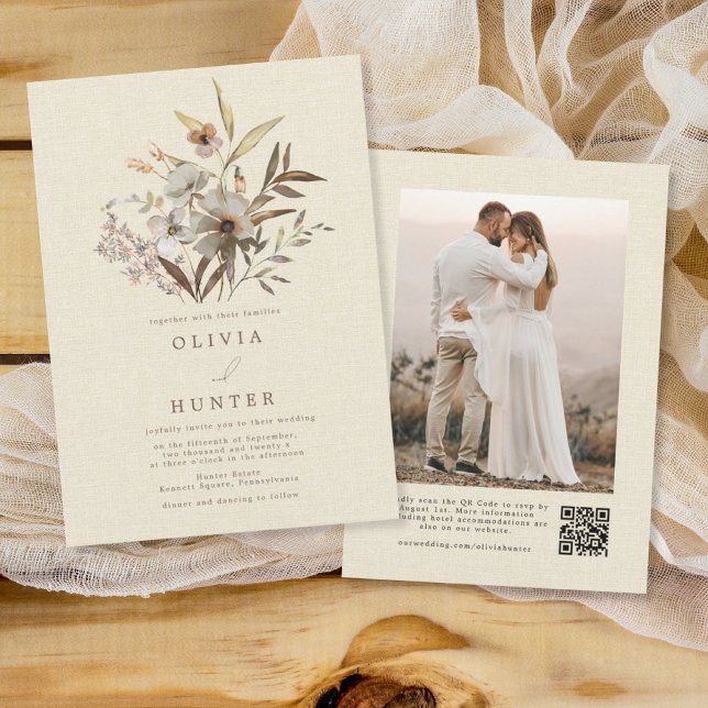 Watercolor Fall Wildflowers Faux Linen Wedding Invitation (Creator Uploaded)