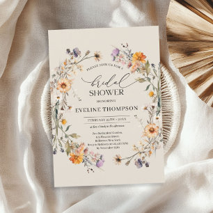 Watercolor fall wildflowers wreath blue orange invitation