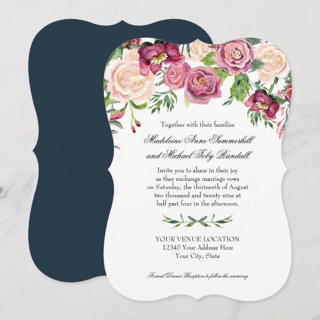 Watercolor Fall Winter Burgundy Floral Rose Fern Invitation (Front/Back)