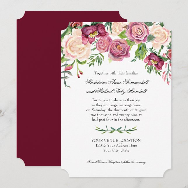 Watercolor Fall Winter Burgundy Floral Rose Leaf Invitation (Front/Back)