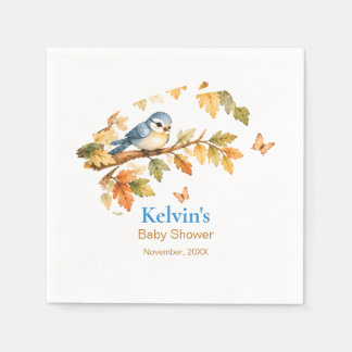 Watercolor Fall Woodland Bird & Autumn Leaves Napkin