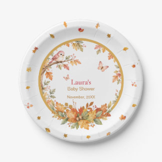 Watercolor Fall Woodland Bird & Autumn Leaves Pape Paper Plate