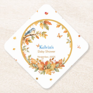 Watercolor Fall Woodland Bird & Autumn Leaves Paper Coaster