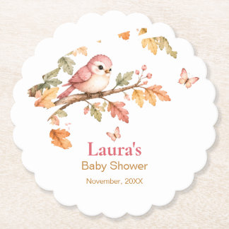 Watercolor Fall Woodland Bird & Autumn Leaves Paper Coaster