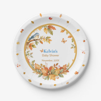 Watercolor Fall Woodland Bird & Autumn Leaves Paper Plate