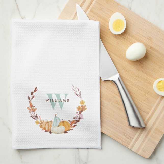 Watercolor Fall Wreath Monogrammed Tea Towel (Quarter Fold)
