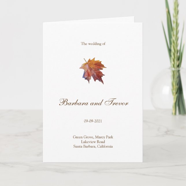 Watercolor Falling Leaf Fall Nature Wedding Programme (Front)